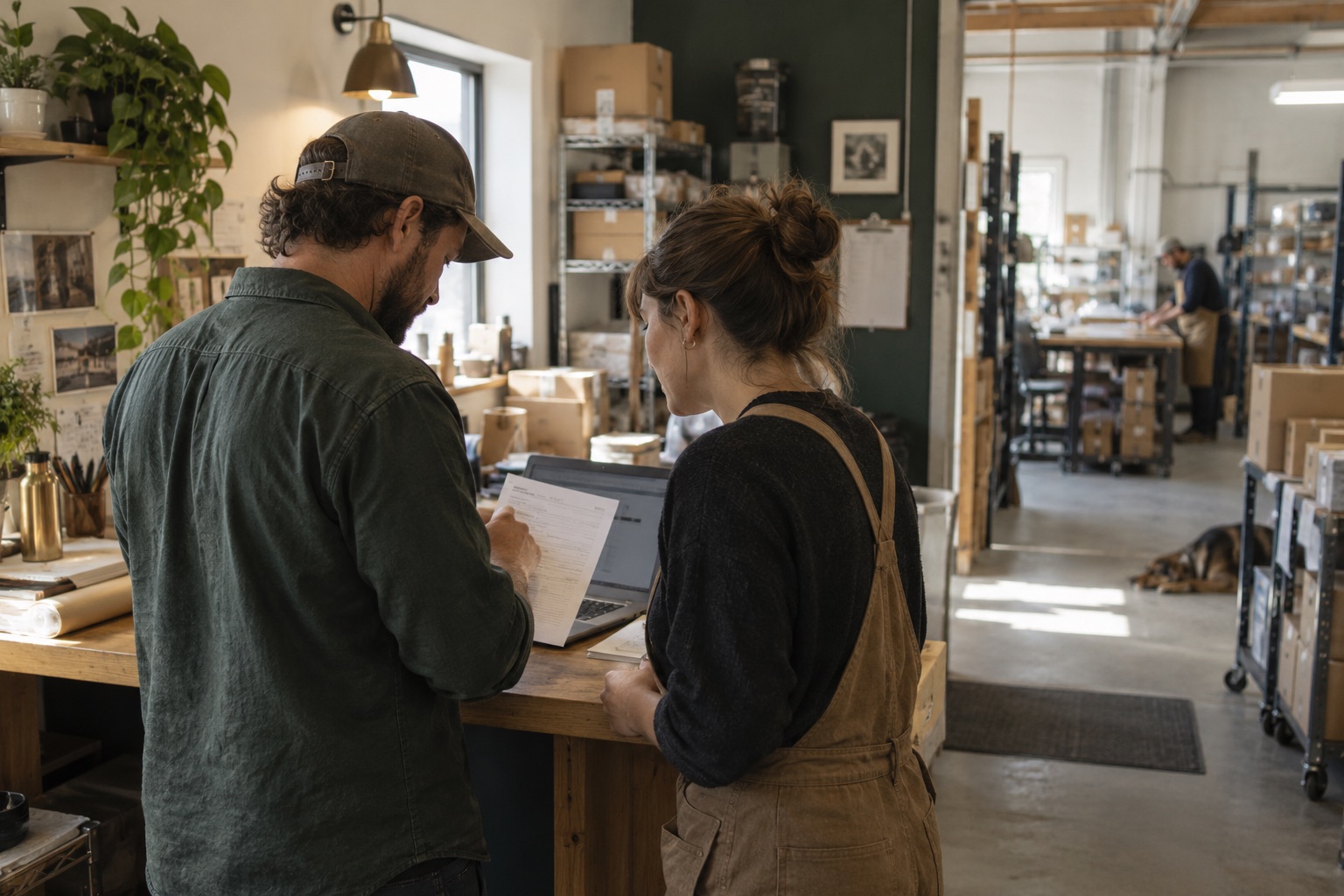 Two business operators reviewing a work order together